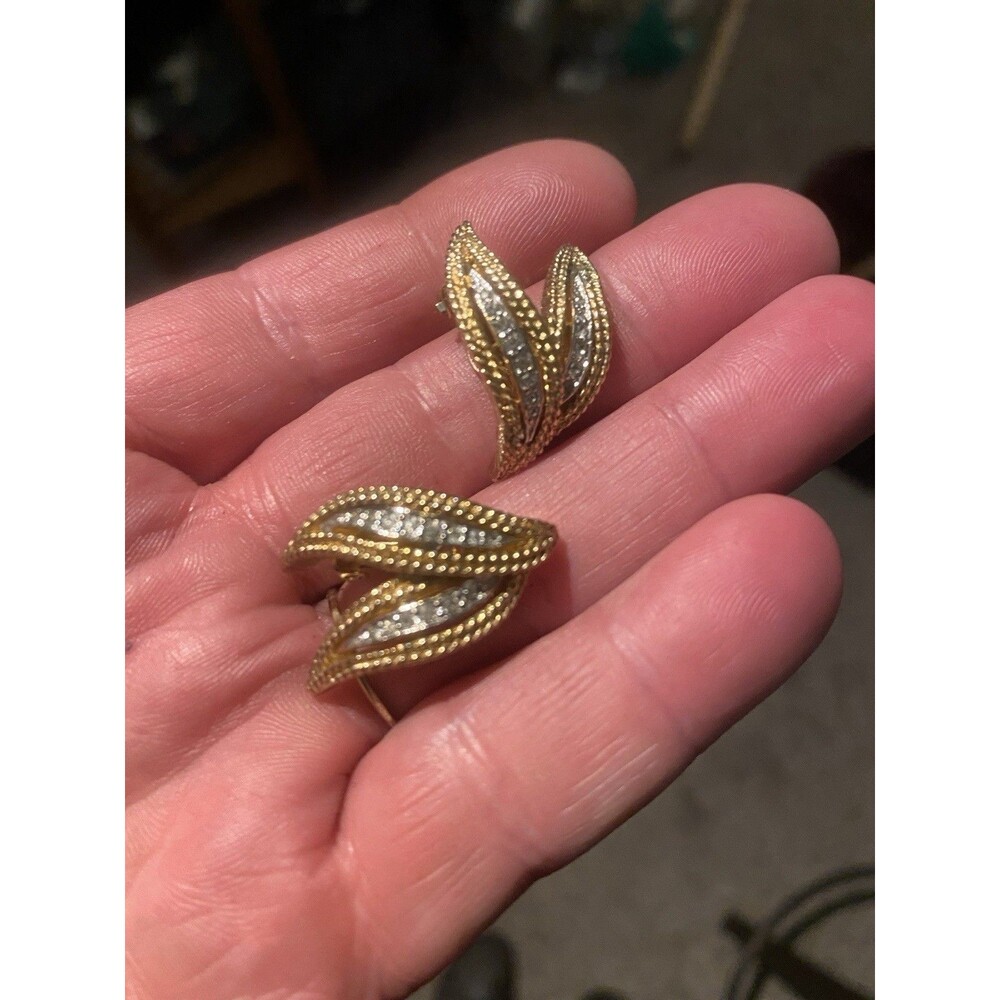 Vintage Panetta Gold Tone Rhinestone Leaf Clip On Earrings 1980s Designer Signed
